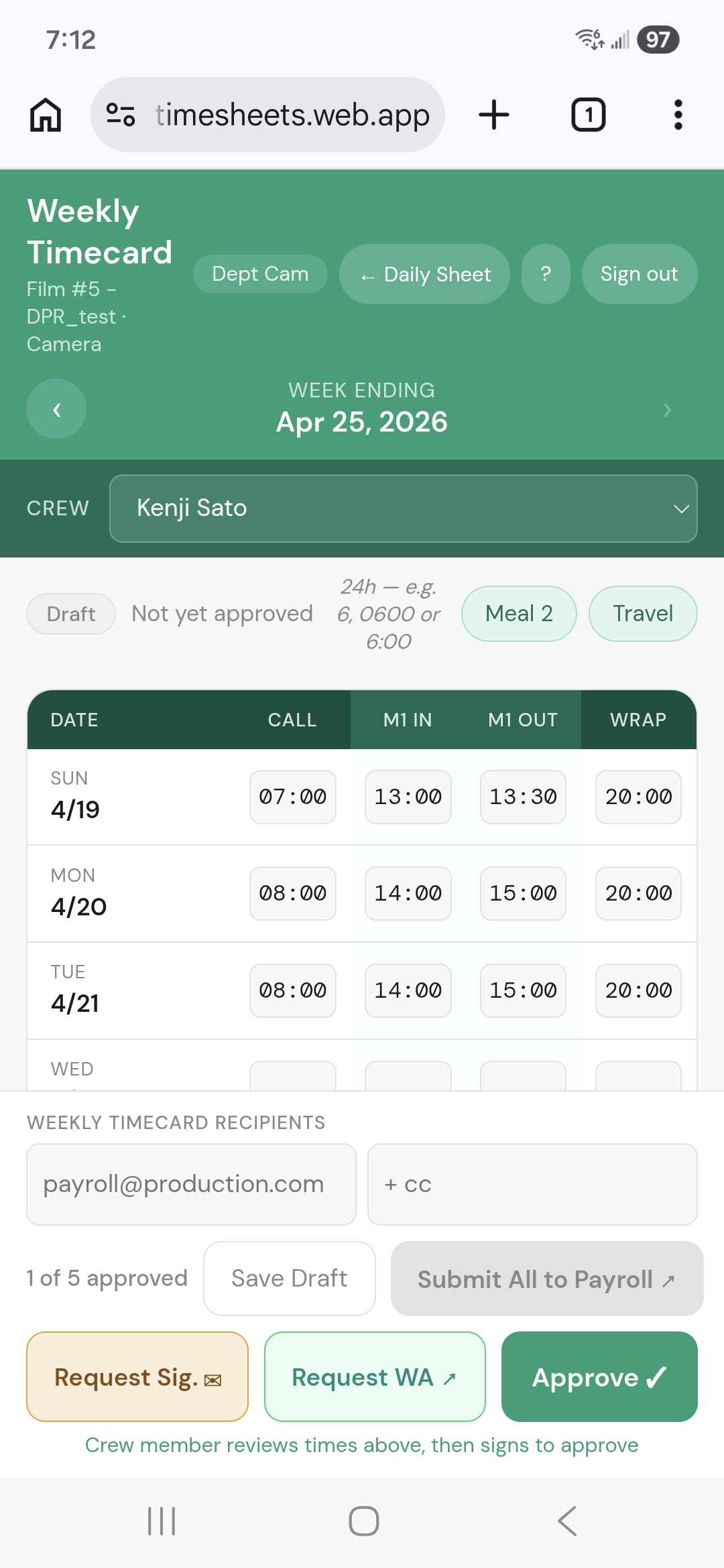 Weekly Timecard on mobile